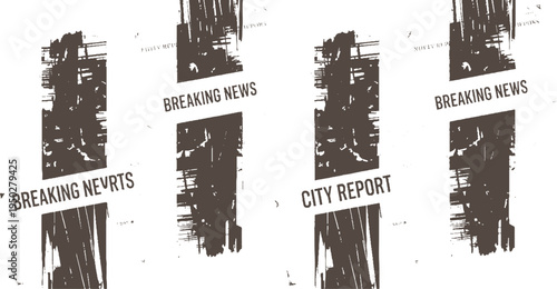 Four dark brown distressed newspaper headlines and abstract textured blocks on white breaking city