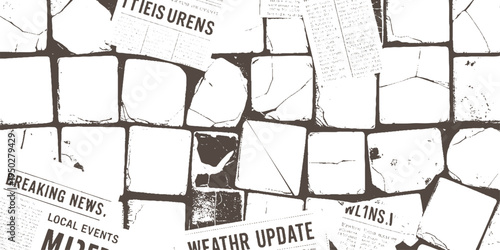 Scattered newspapers with headlines like Breaking News Local Events and Weather Update on a textured background