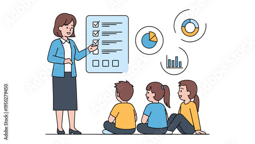 Educational insights: A dedicated teacher guides a group of attentive students, presenting educational charts and diagrams in a classroom setting.