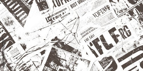 Overlapping torn vintage newspaper pages with dark brown text and abstract distressed patterns