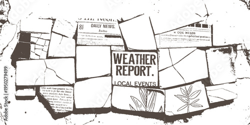 Torn newspaper fragments with weather report and local events text and botanical