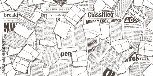 Scattered torn newspaper pages with headlines and text in a chaotic arrangement