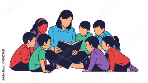 Enchanting Tale: A teacher captivates a circle of attentive children as she reads aloud from an open book, fostering imagination and a love for stories.