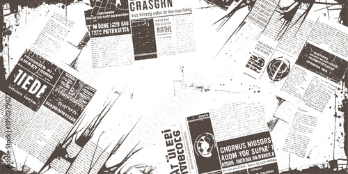 Scattered vintage newspaper pages with textured brown ink on white background