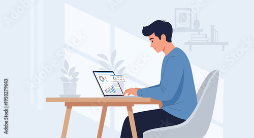 Dedicated professional focused on business analytics on his laptop, working from home or a co-working space, showcasing digital productivity and efficient remote operations