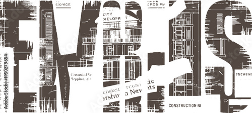 Large distressed brown letters forming abstract shapes with architectural blueprints and newspaper clippings