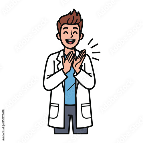Cartoon scientist or doctor with excited gesture on white background