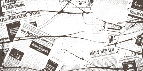 Scattered vintage newspaper pages with dark ink splatters and distressed textures