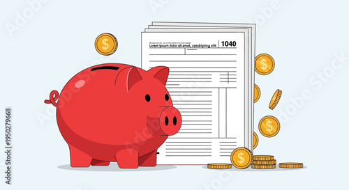 A red piggy bank sits next to a stack of IRS Form 1040 tax documents with gold coins scattered around.