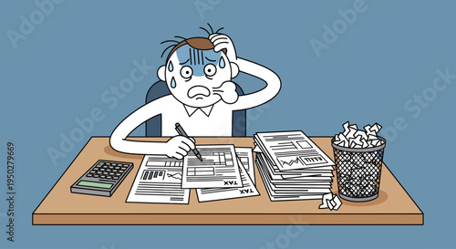 Man stressed on Tax Day while working on forms at his desk