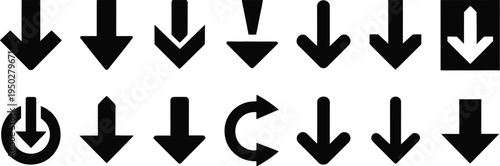 Down arrow icon set with black pointers including download reload and circular directional vector illustration.

