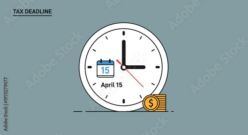 An illustration depicting the tax deadline with a clock, calendar showing April 15, and a stack of dollar coins.