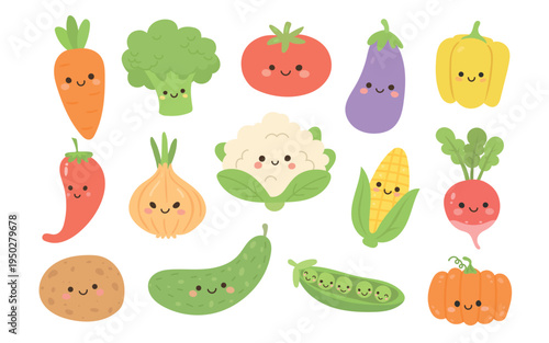 Vegetable kawaii vegetables and cute fruit vector with broccoli veggie green. Cartoon character sticker and vegetable food crayon with illustration eggplant kawaii. Flat vegetable set.