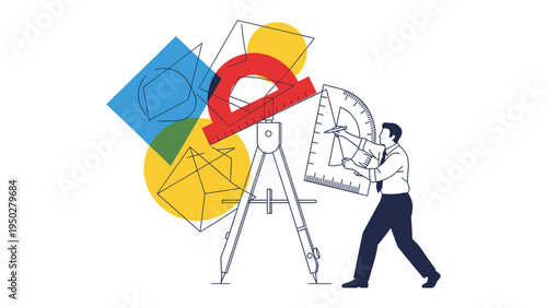 Geometry Imagination: A creative illustration showcases a person meticulously measuring geometric shapes, exploring the realms of mathematics, design and architectural creation. 