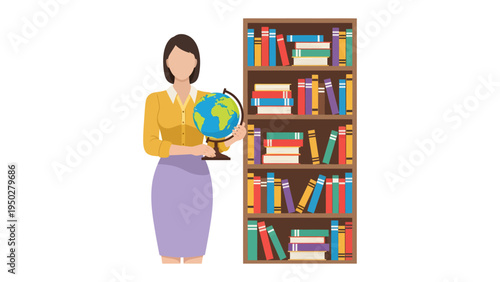 Teacher's Vision: An educator, standing confidently beside a bookcase filled with knowledge, holds a globe, symbolizing a global outlook and the vastness of education.