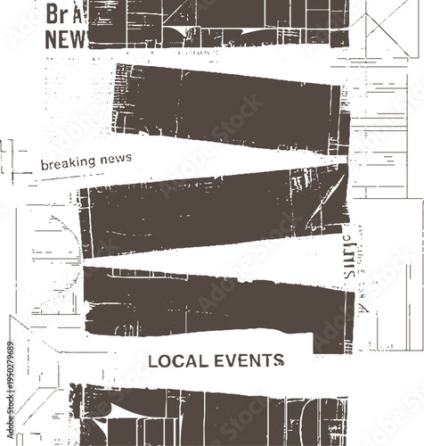 Newspaper headline fragments with dark brown ink on white background featuring text and abstract shapes