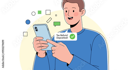 Man Checks Tax Refund on Phone on a Busy Day