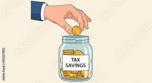 Hand putting coins into a jar labeled Tax Savings on a sunny day