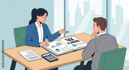 Businesswoman explains tax on a busy day to a man at a desk