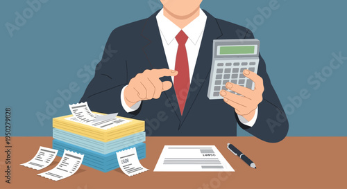 Businessman calculates tax on a busy day at his desk with documents