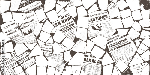 Fragmented newspaper pages with bold headlines and text in a monochromatic brown and white palette print