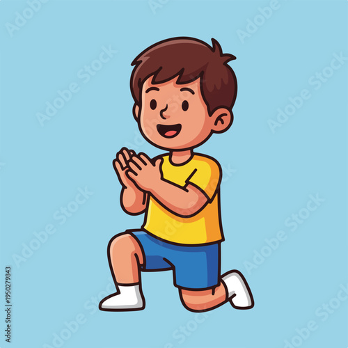 Cartoon boy in yellow shirt and blue shorts kneeling with hands together