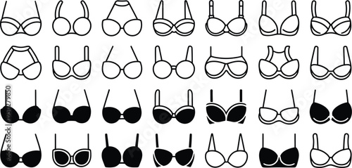 Bra icon set with various lingerie styles including push up strapless and lace vector illustrations.
