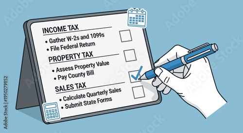 Person fills tax form on a checklist on a busy tax day with documents