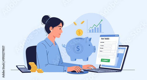 Woman calculates tax on a busy day at her office desk with laptop and piggy bank