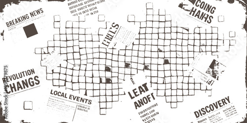 Vintage newspaper clippings with bold headlines and grid pattern retro text