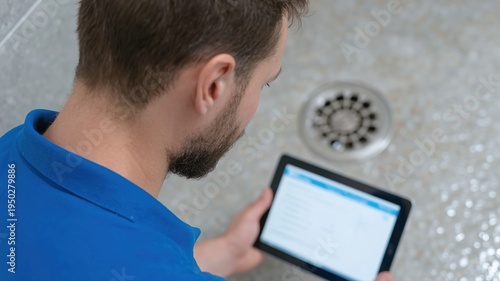 Techniker behebt Verstopfung im Duschabfluss einer deutschen Wohnung mithilfe einer digitalen Checkliste auf einem Tablet