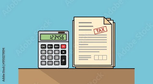 Tax documents on a desk with a calculator on Tax Day