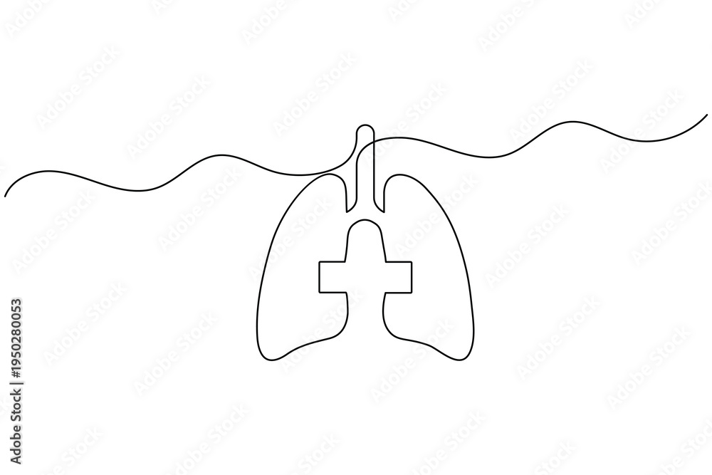 Obraz premium Human lungs with medical cross continuous one line art drawing minimalist anatomy outline vector illustration