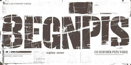 Distressed grunge typography with torn paper texture and abstract newspaper