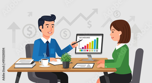 Business people discuss tax on a busy day in an office setting with graphs
