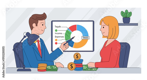 Businessman explains tax on a busy day to a woman with money and charts