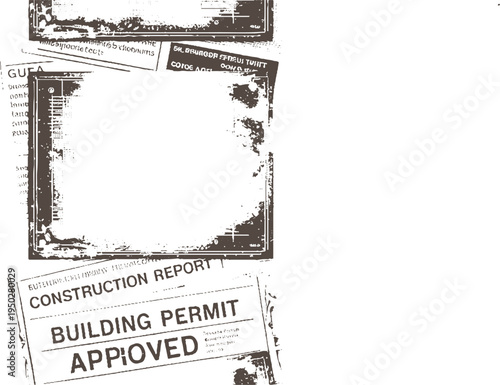 Grunge distressed construction permit document with approved stamp and text
