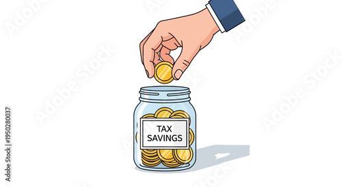 A hand puts coins into a jar labeled Tax Savings on a sunny day.