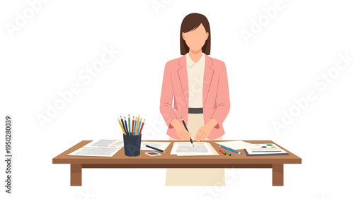 A Teacher's Desk: A teacher stands attentively, immersed in work at the wooden desk. The scene captures the essence of education, creativity, and the dedication teachers give to their students.