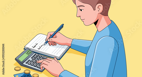 Man calculating tax on a busy day with notebook and calculator