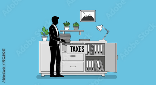 Businessman prepares taxes on a busy day at his office desk.