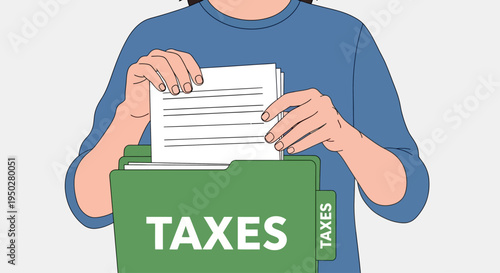 Person filing tax documents on a busy day indoors.