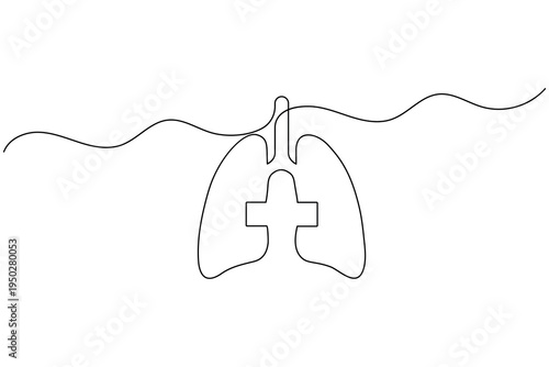Human lungs with medical cross continuous one line art drawing minimalist anatomy outline vector illustration