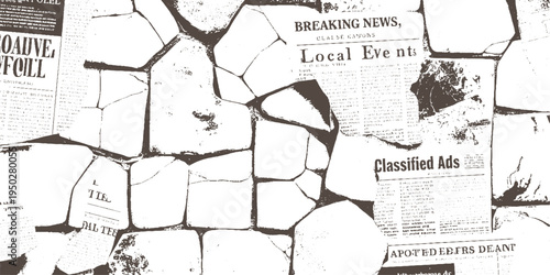 Fragmented vintage newspaper pages with headlines and text overlaying a stone wall texture breaking