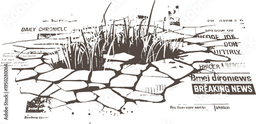 Stone circle with tall grass and fragmented newspaper headlines in brown and white