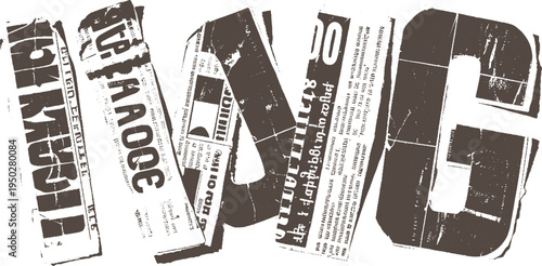 Torn newspaper fragments with large dark brown letters and text