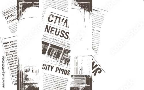 Collage of newspaper clippings with headlines about construction news and city plans in brown and white