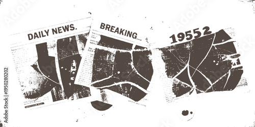 Vintage newspaper fragments with headlines Daily News and Breaking and the year 1952 in a distressed brown and white textured style