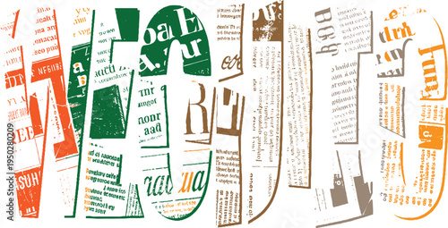 Collage of textured letters and text fragments in orange green brown and white abstract typography