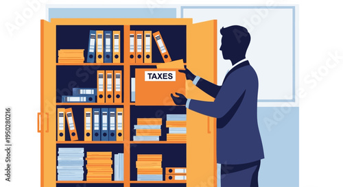 Businessman reviewing tax files on a busy office day